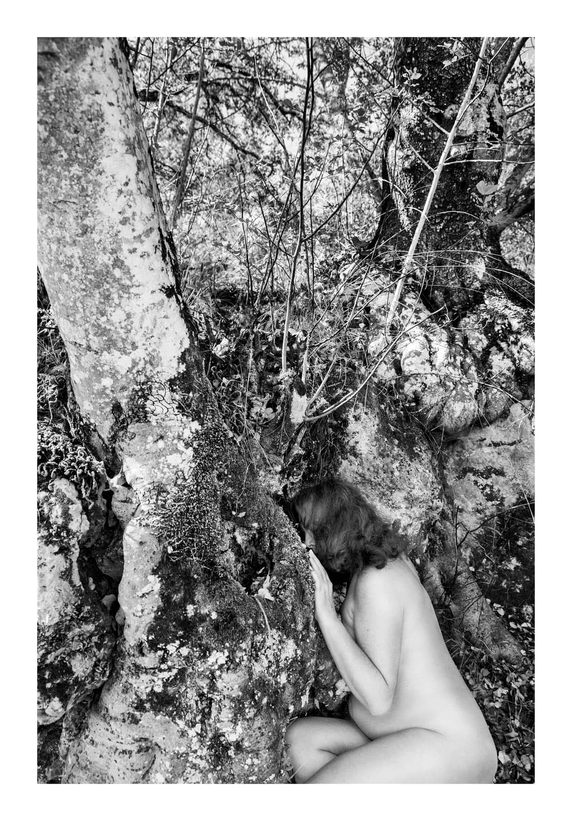 Desnudo femenino recogido al pie de unas rocas cubiertas de musgo, en la penumbra del bosque